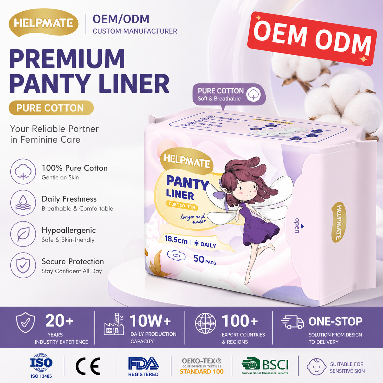 Anpassung OEM ODM Baumwolle atmungsaktive weiche Anionen Frau Frau Helpmate Slip Liner 185 mm